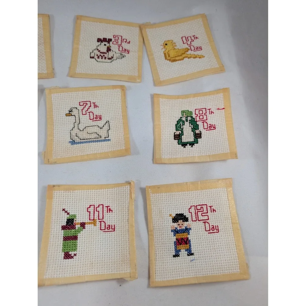 Vintage 12 Days of Christmas Cross Stitch ornament Set Handcrafted Holiday Decor